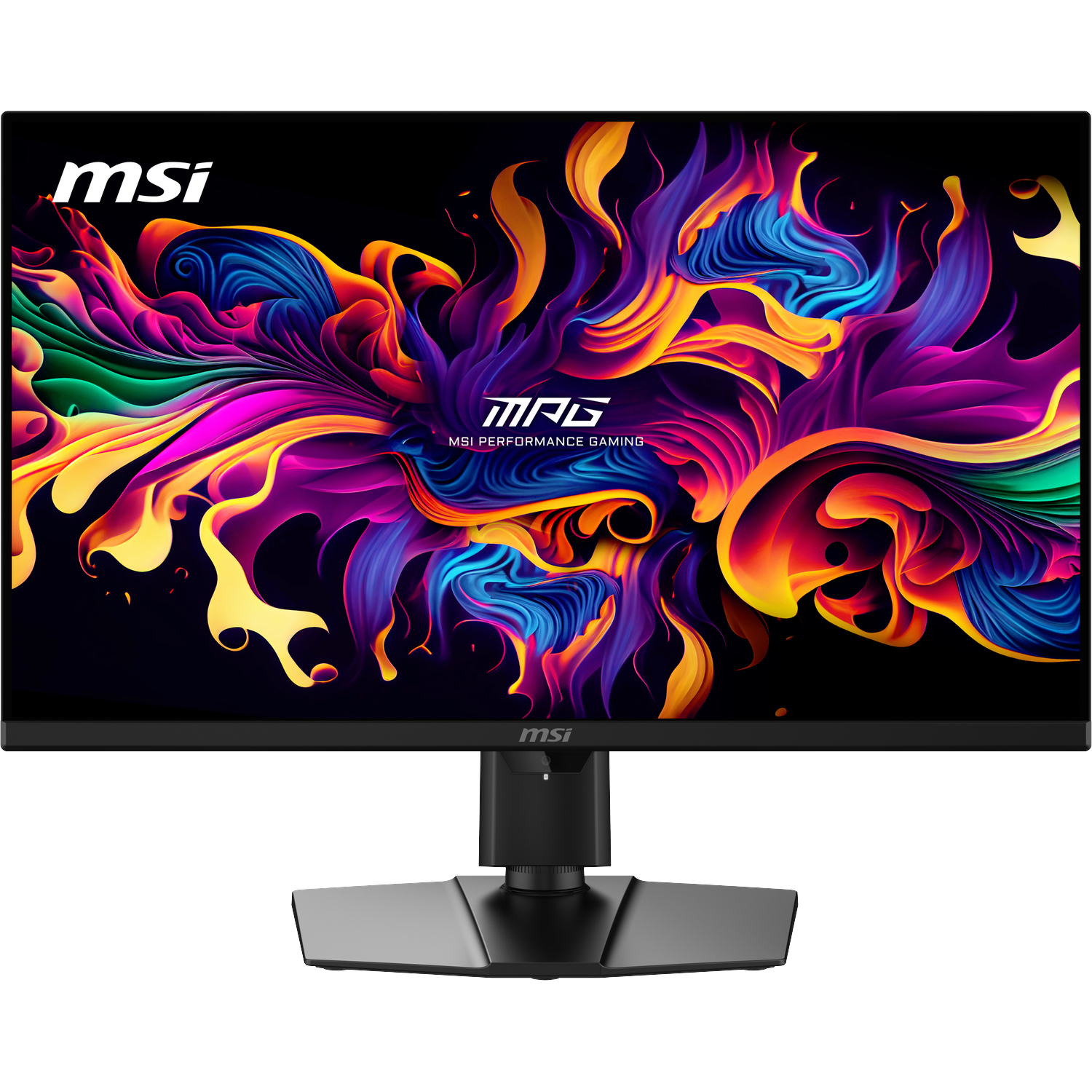 Een MSI monitor met een levendige, vlammende achtergrond met een zilveren standaard.