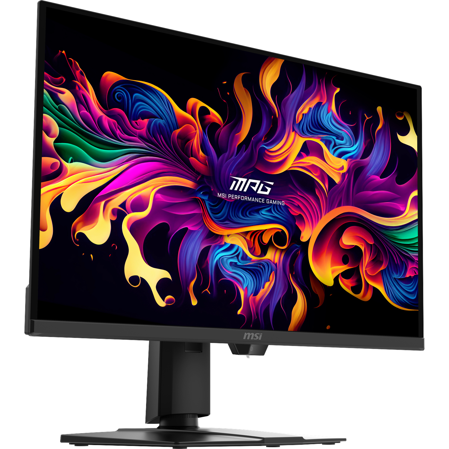 Een zwarte MSI gaming monitor toont een levendige, abstracte, kleurrijke grafiek met wervelingen van blauw, paars, geel en groen.