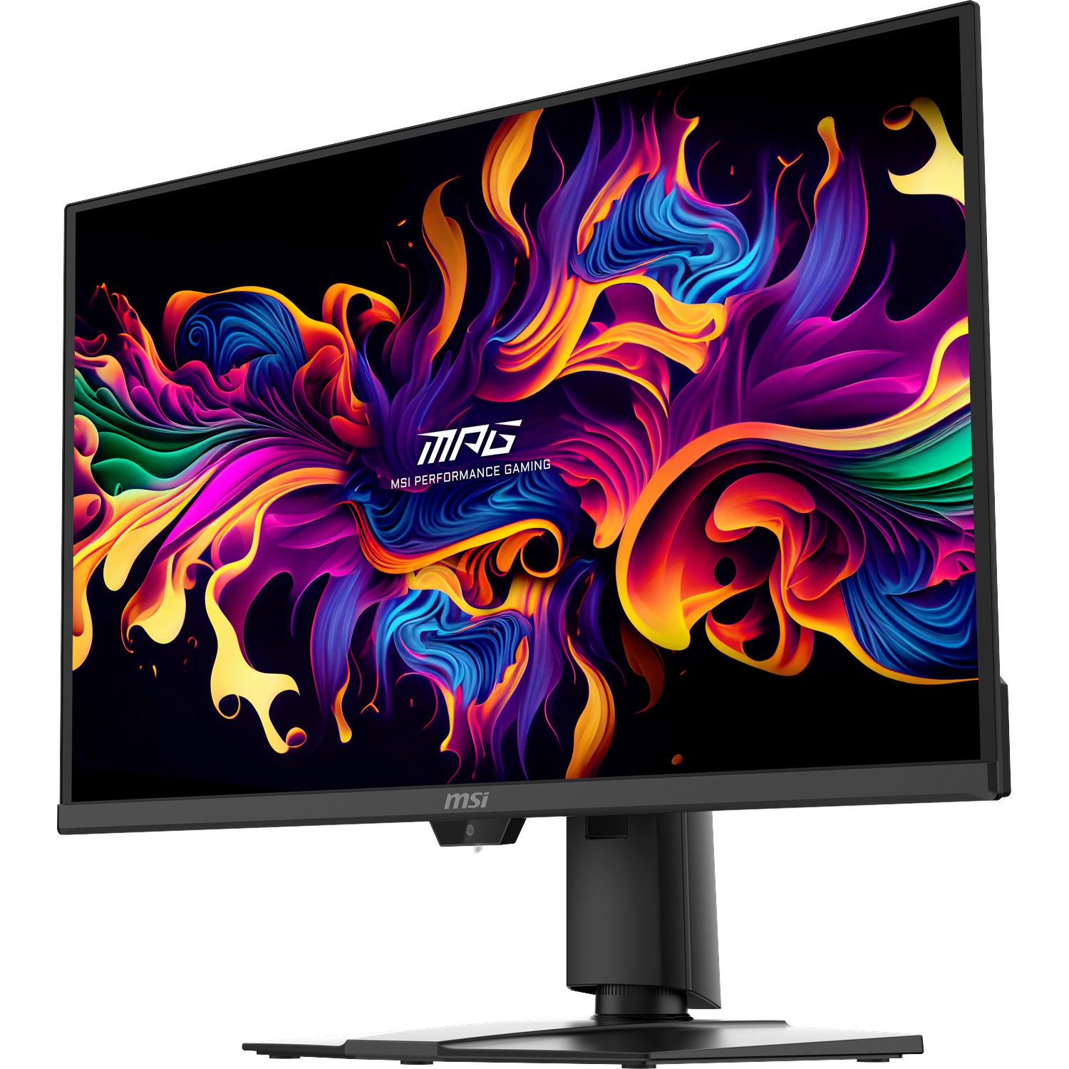 Een MSI gaming monitor toont een levendig, abstract vlamachtig beeld in blauwe, paarse en gele tinten.