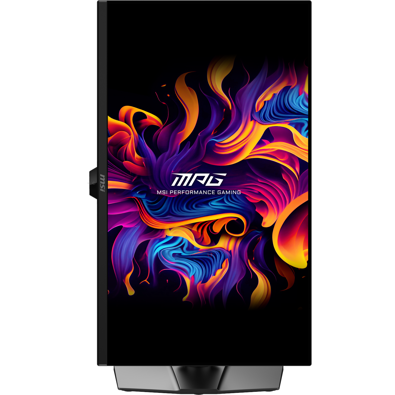 MSI gaming monitor met levendige, vlamvormige abstracte achtergrondkunst.