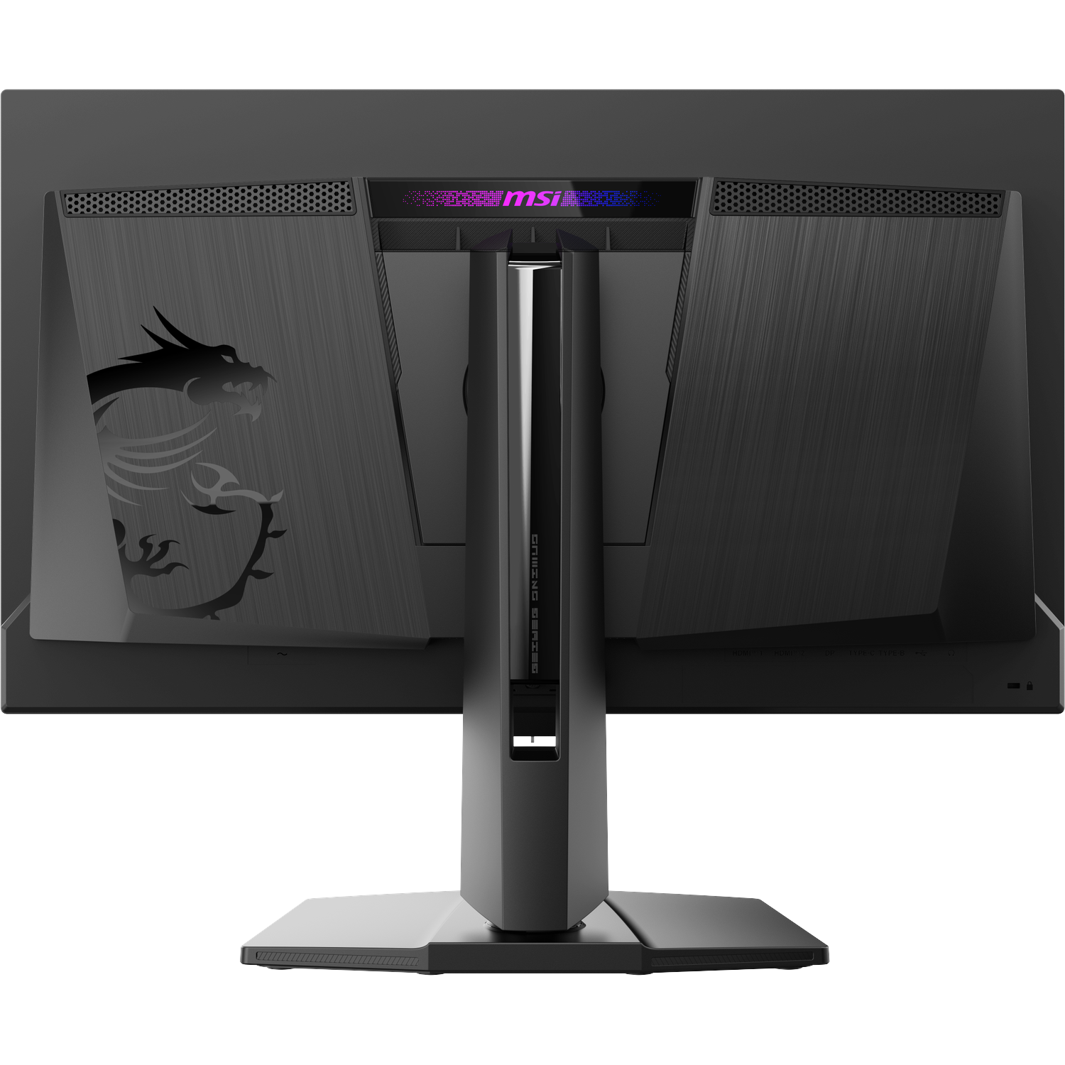 Achterkant van een zwarte MSI gaming monitor met drakenlogo en ventilatieopeningen.
