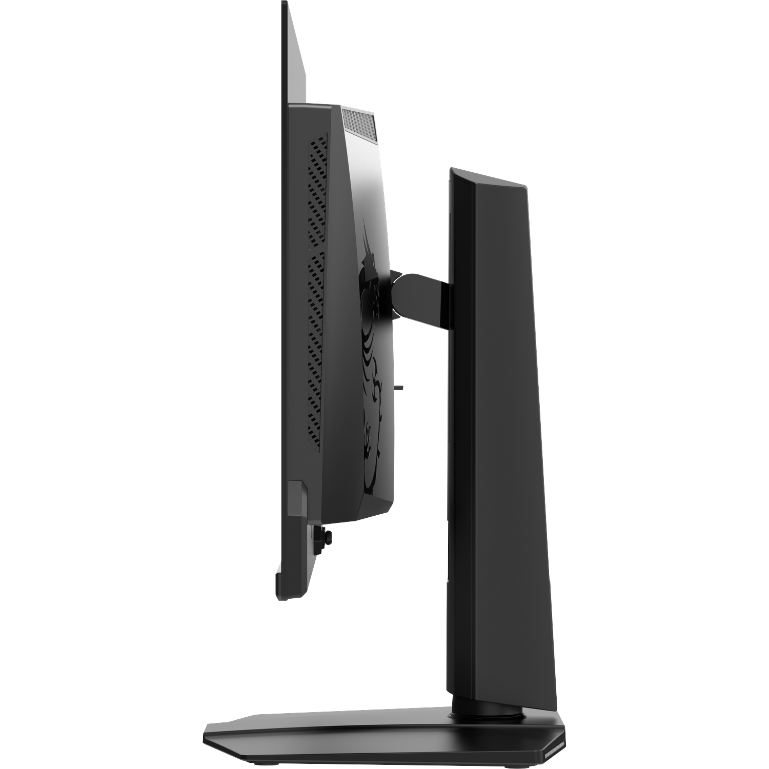 Zwarte computermonitor in profiel op witte achtergrond.