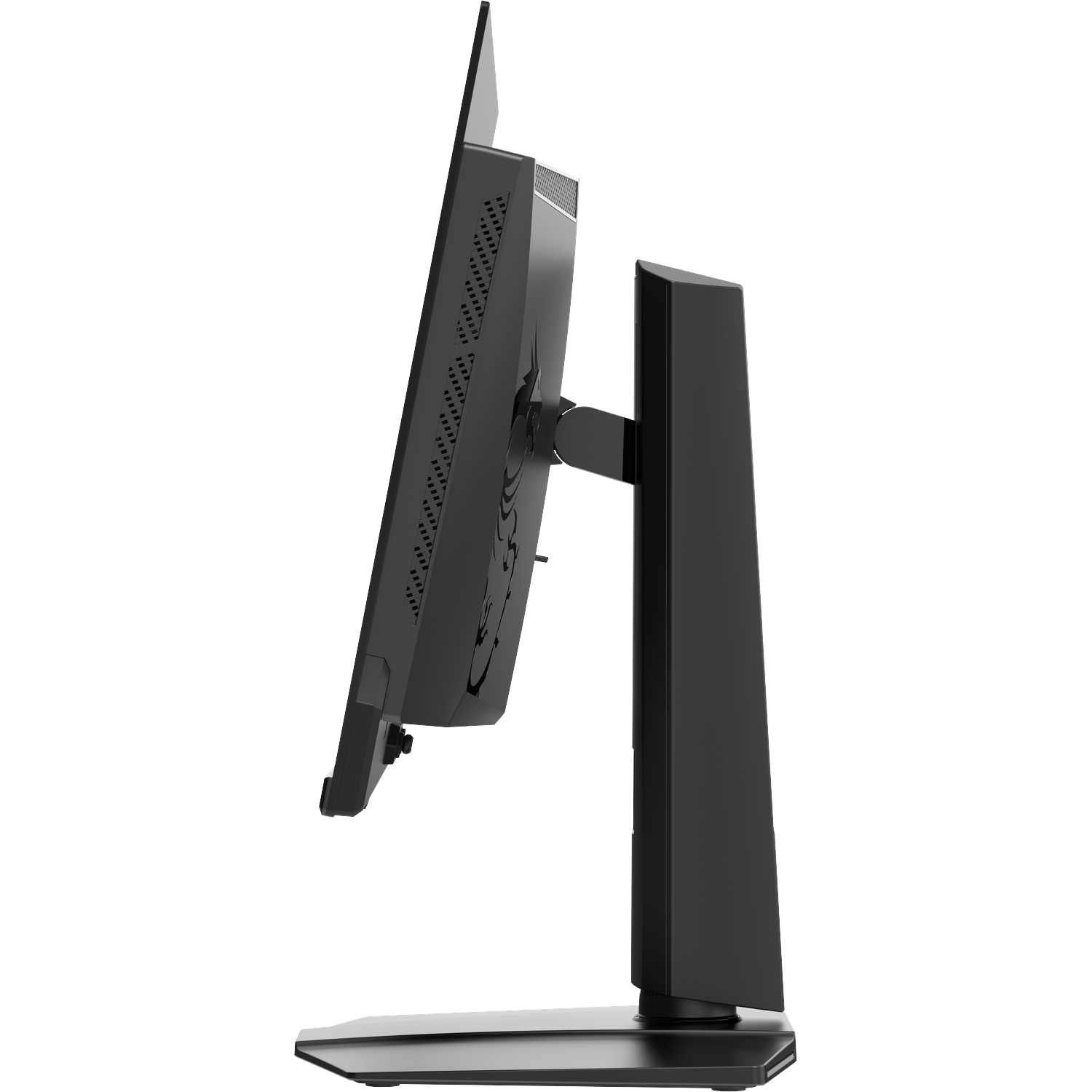 Zwarte computermonitor met smalle randen en een logo op de achterkant.