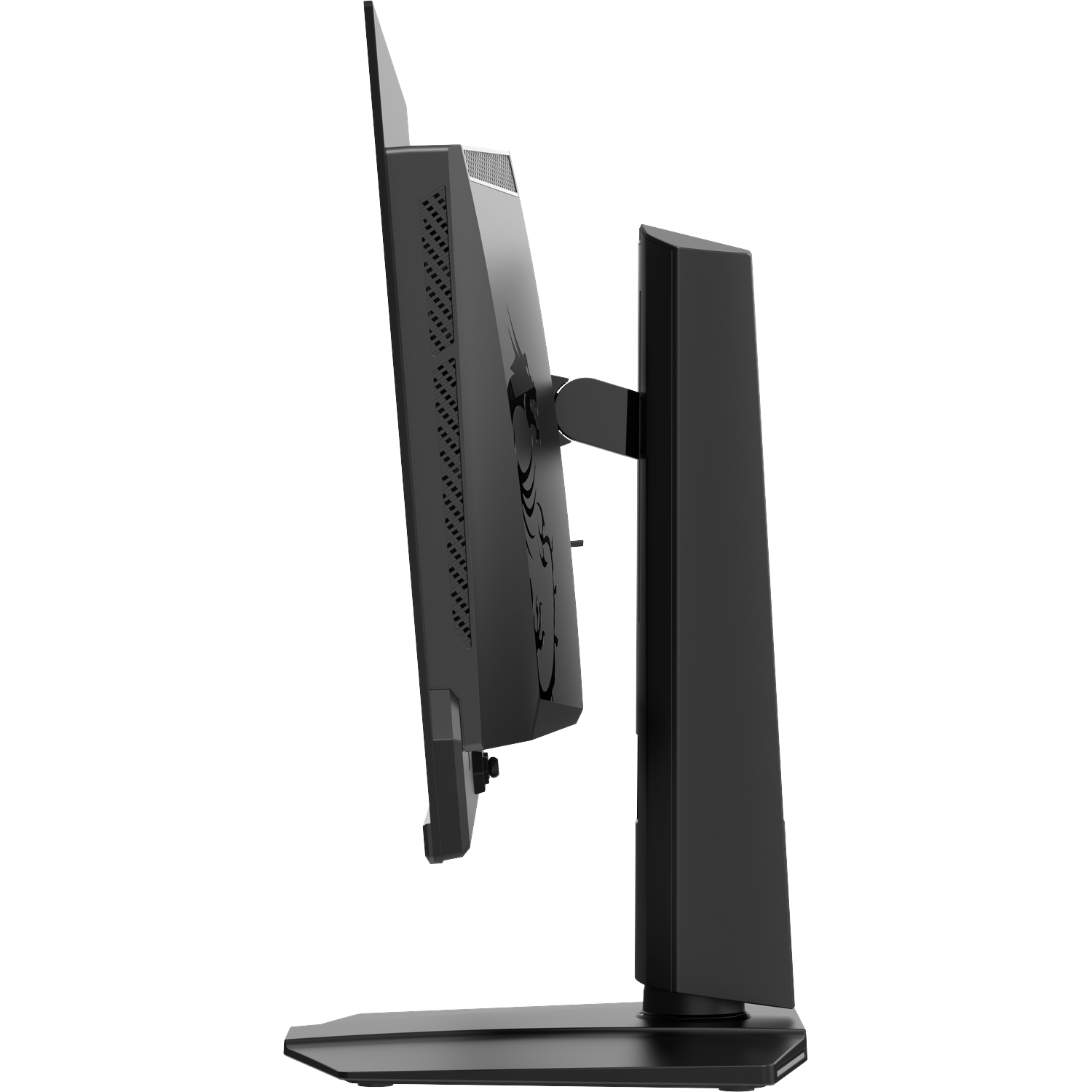 Een zwarte computermonitor met arm en voet op witte achtergrond.