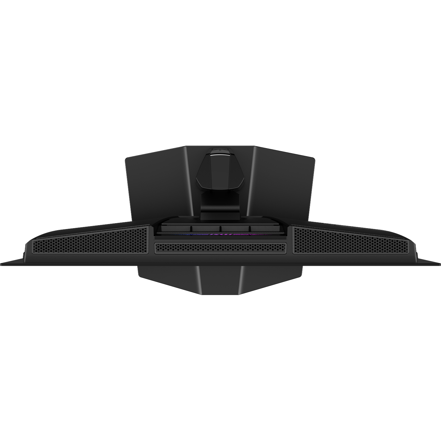 Een zwarte computer monitor basis van bovenaf gezien, met ventilatieopeningen en een standaard.