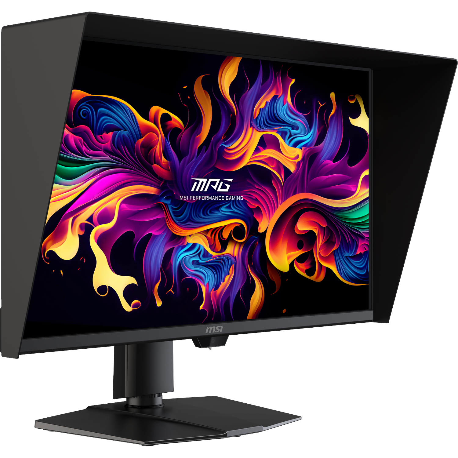 Een zwarte MSI gaming monitor toont een levendig, abstract, kleurrijk vlam-achtig ontwerp.