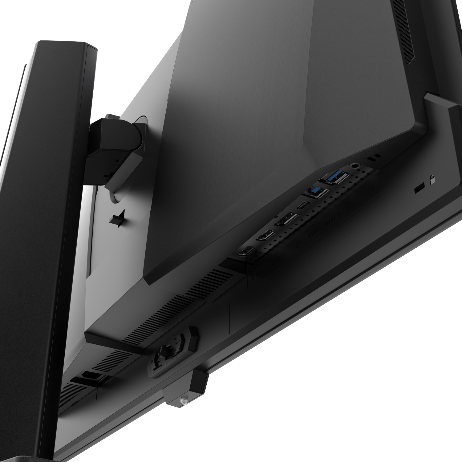 Achterkant van een zwarte monitor met poorten zoals USB en HDMI.