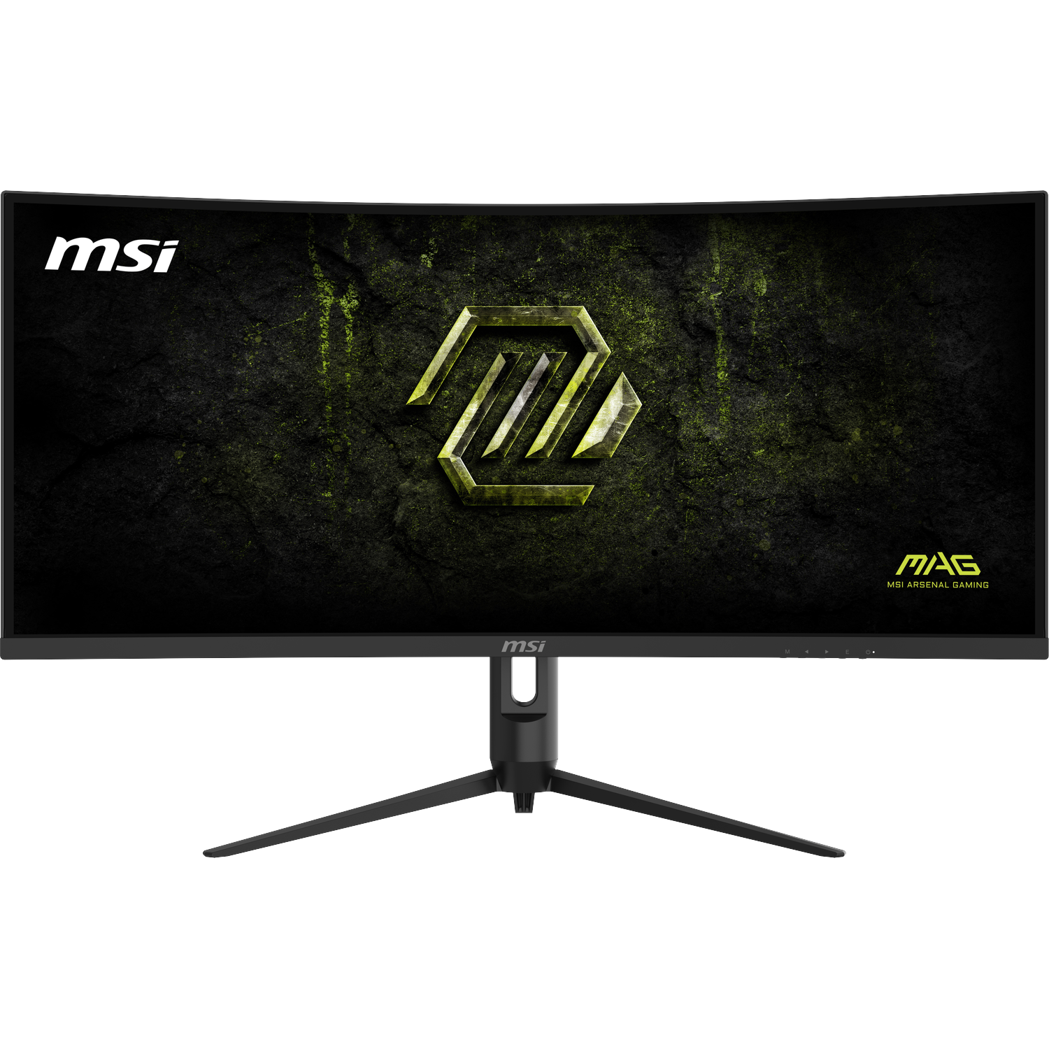Black MSI gaming monitor with curved display and green logo.