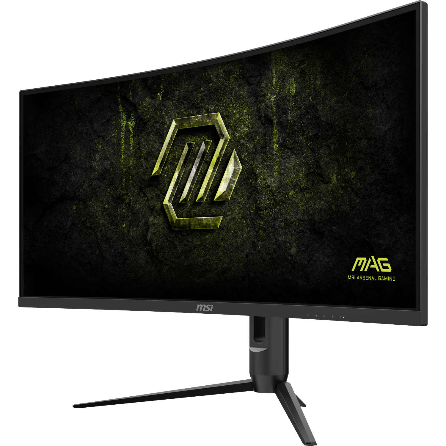A black curved MSI gaming monitor with a green and black abstract wallpaper and a gold logo.