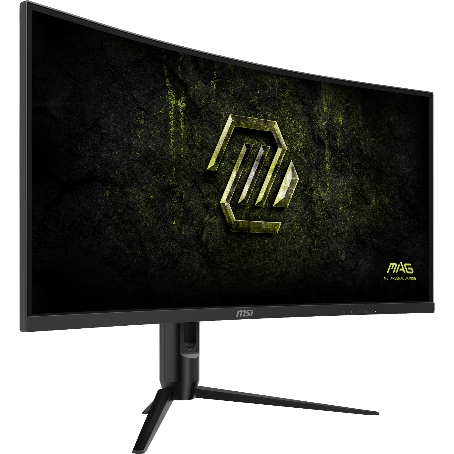 A curved MSI gaming monitor with a black stone design and a green logo.