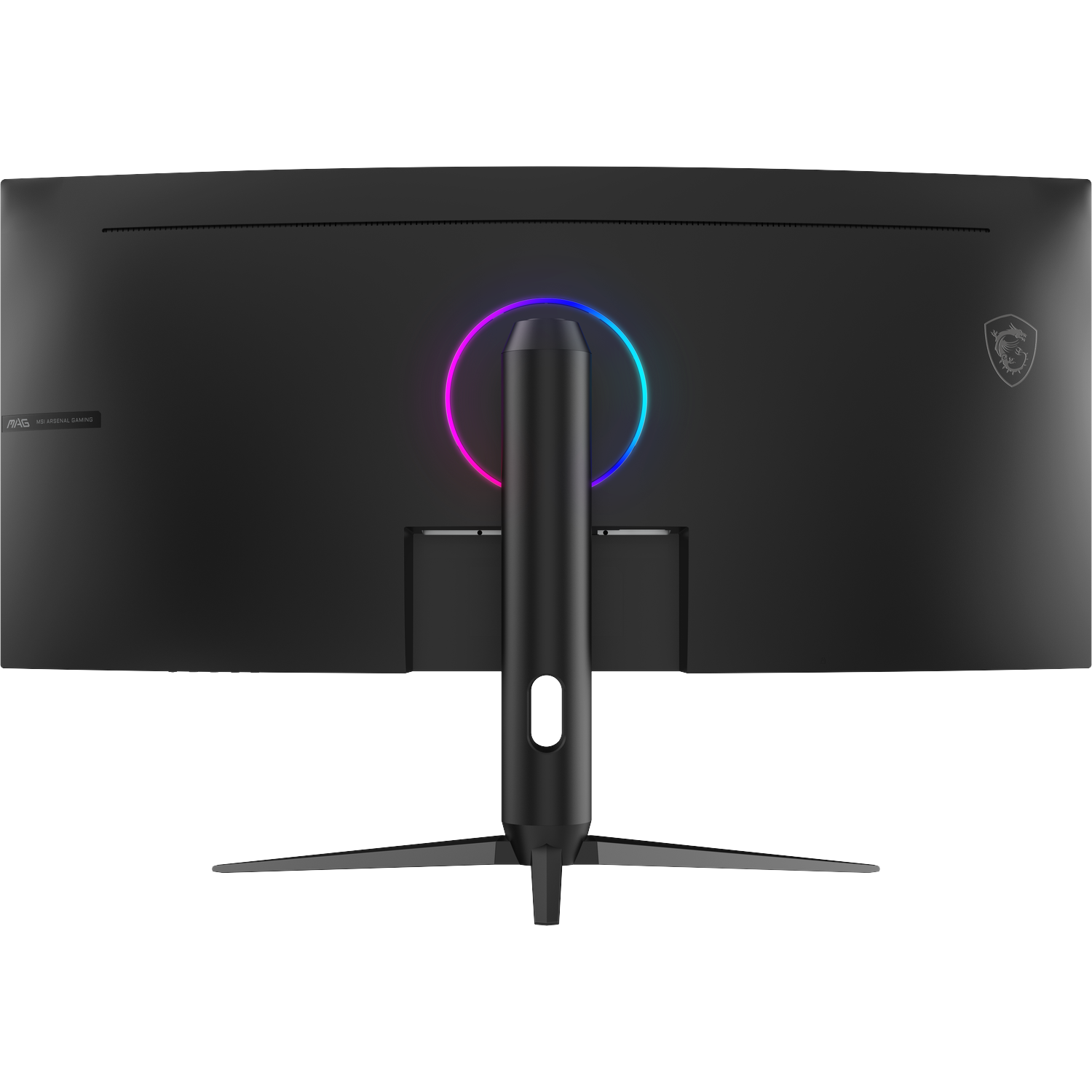 Back of a black monitor with MSI logo and RGB lighting on the stand.