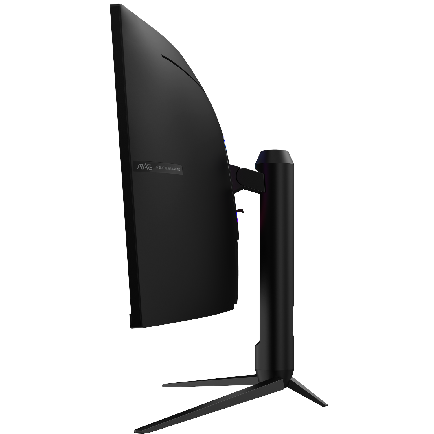 Black curved gaming monitor with MSI logo on a three-legged stand.