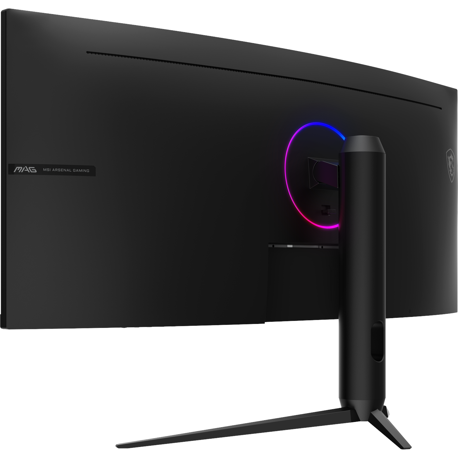Black MSI gaming monitor with RGB lighting on stand and MSI logo.