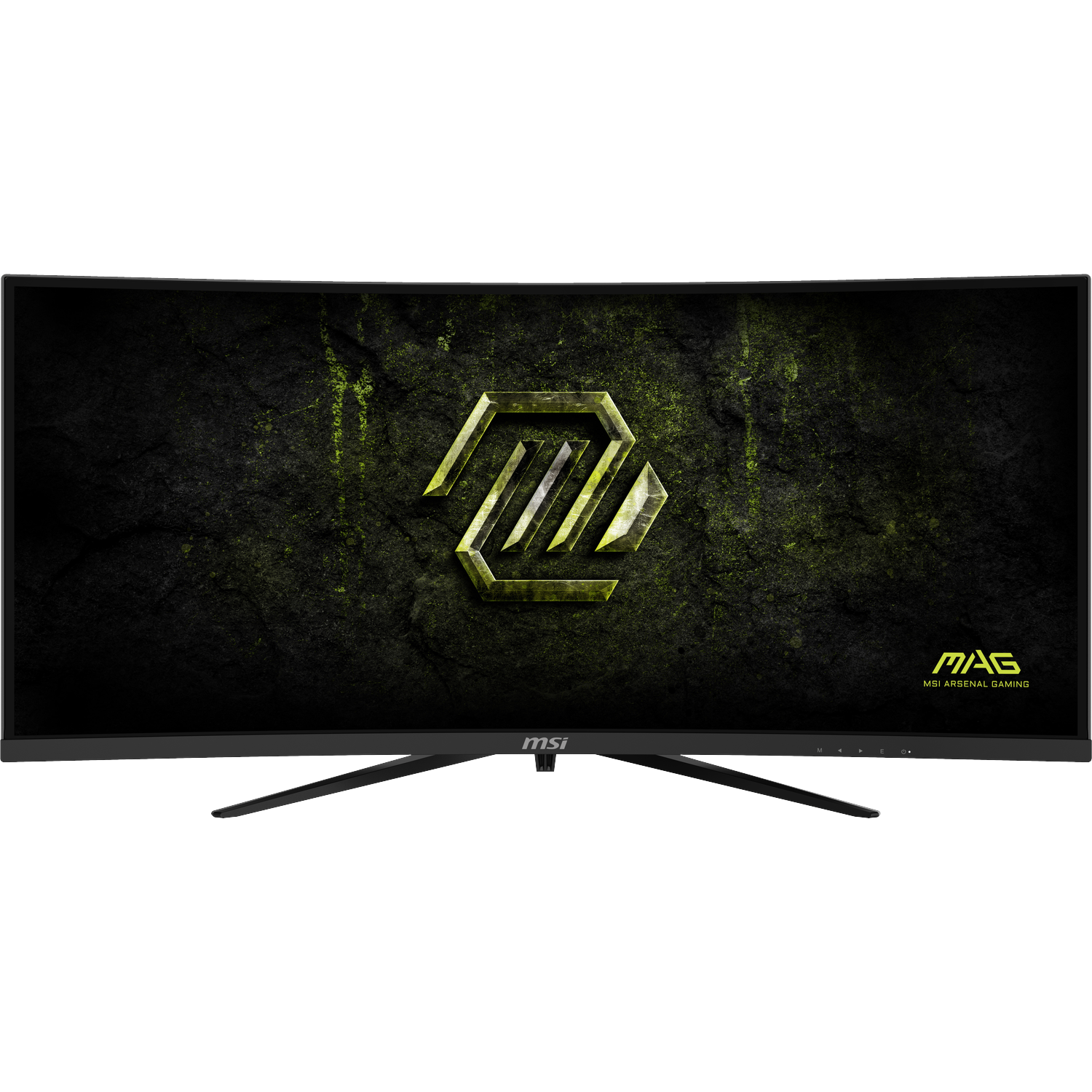 A curved MSI gaming monitor with a green and black background.