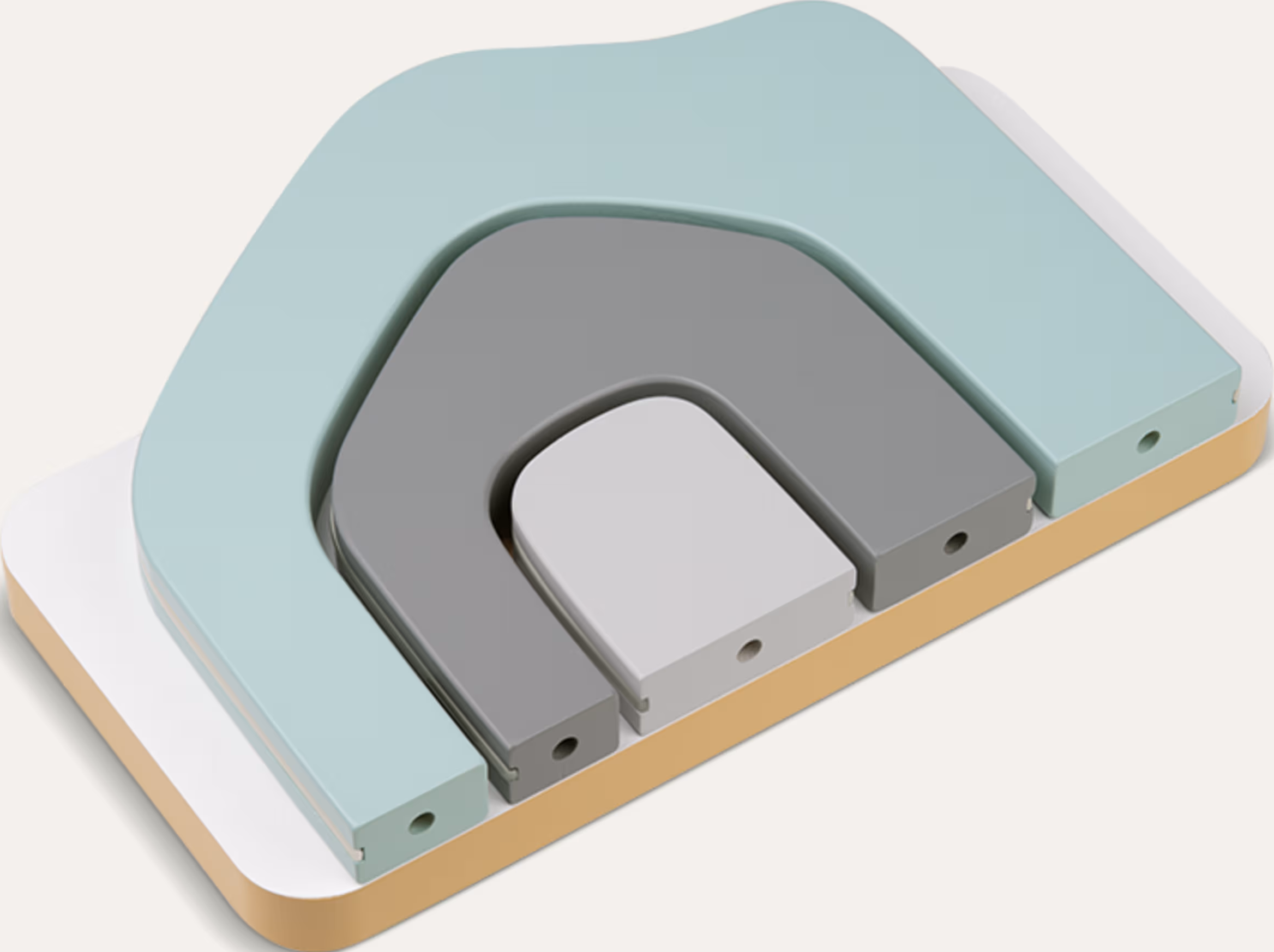 Ein stilisierter magnetischer Spielzeugblock in U-Form, grau und hellblau.