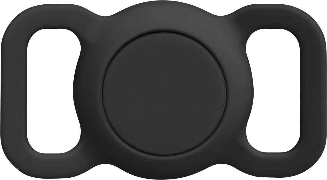 Porte-clés noir avec cercle central et deux boucles ovales.