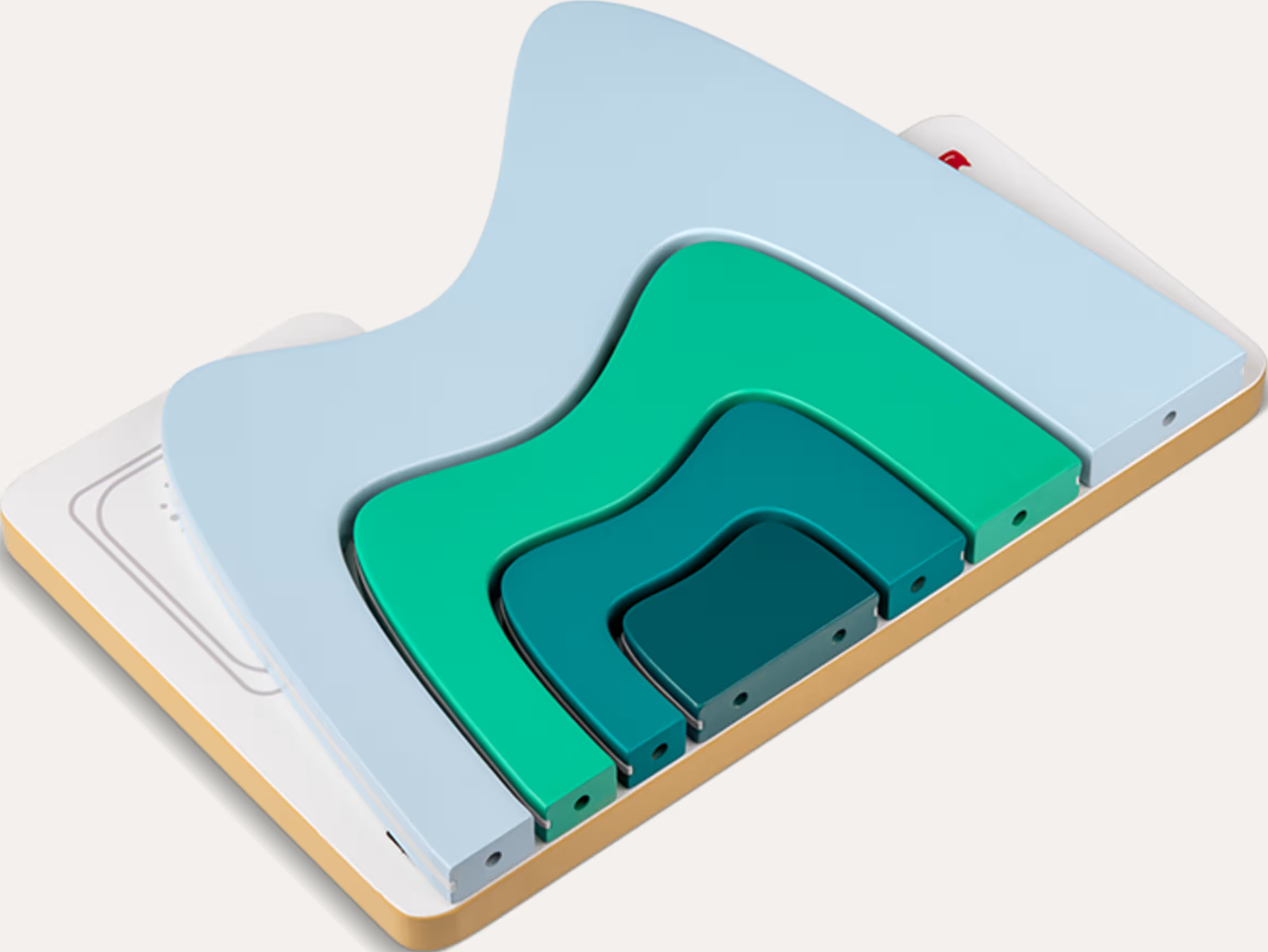 Schichtmodell mit Wellenformen in Blau, Grün und Dunkelgrün auf einem weißen Sockel.