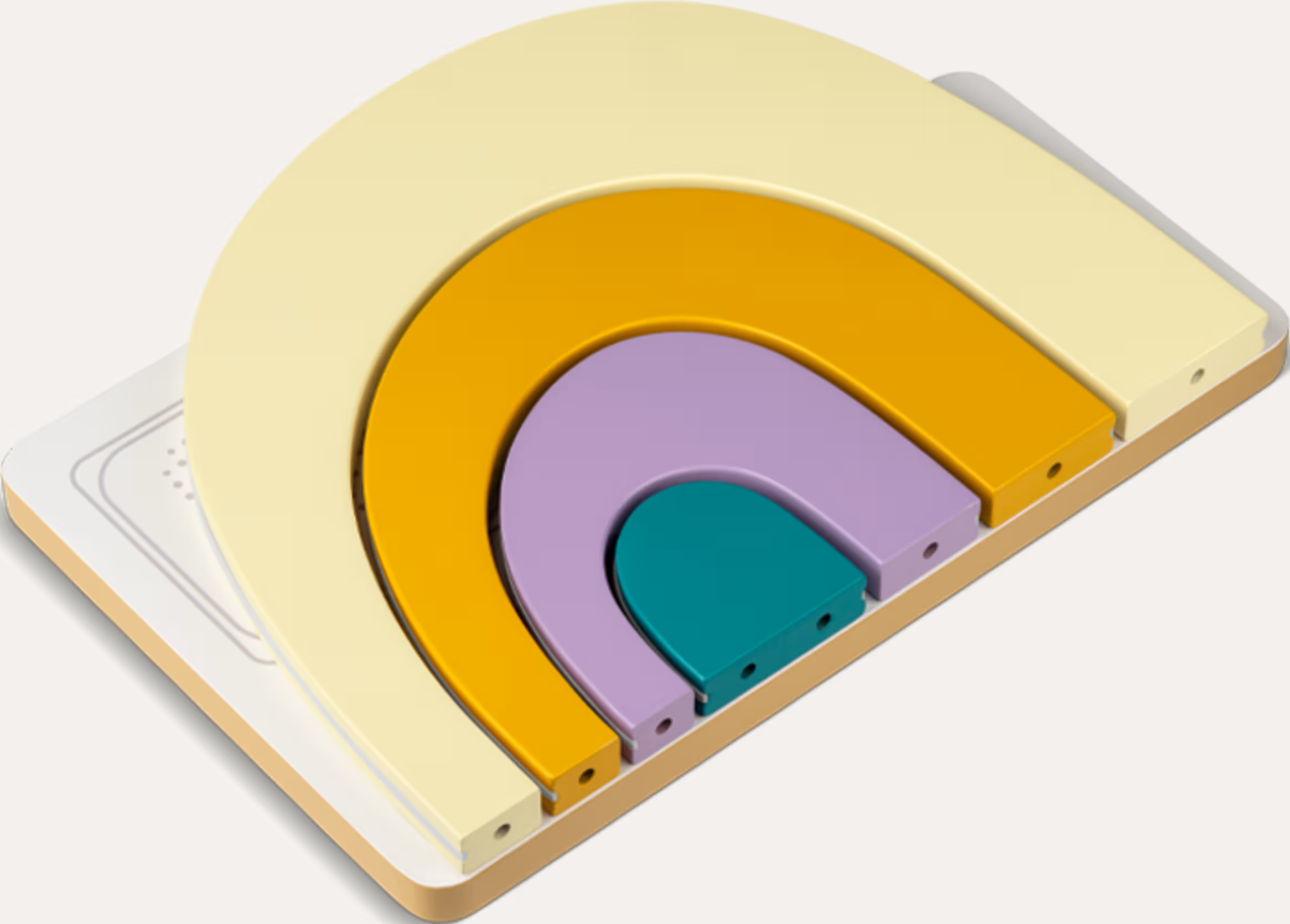 Ein Regenbogen-Stapelspielzeug mit gelben, orangen, violetten und türkisfarbenen Bögen auf einer weißen Basis.