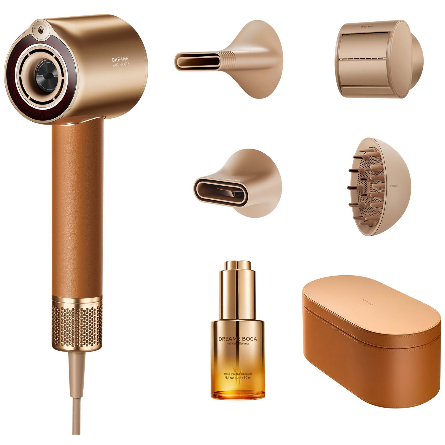 Gouden haardroger met opzetstukken, haar essence en opbergkoffer. Witte achtergrond.