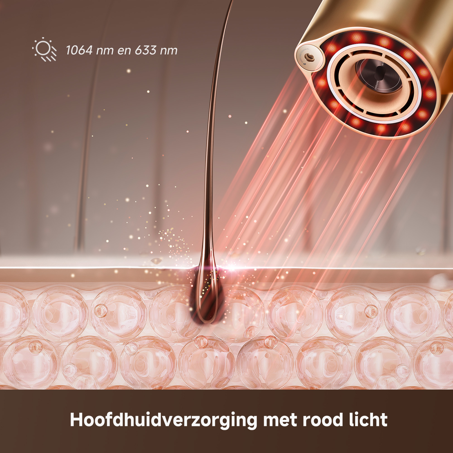 Een gouden laser straalt rood licht uit op een hoofdhuidlaag met belletjes.
