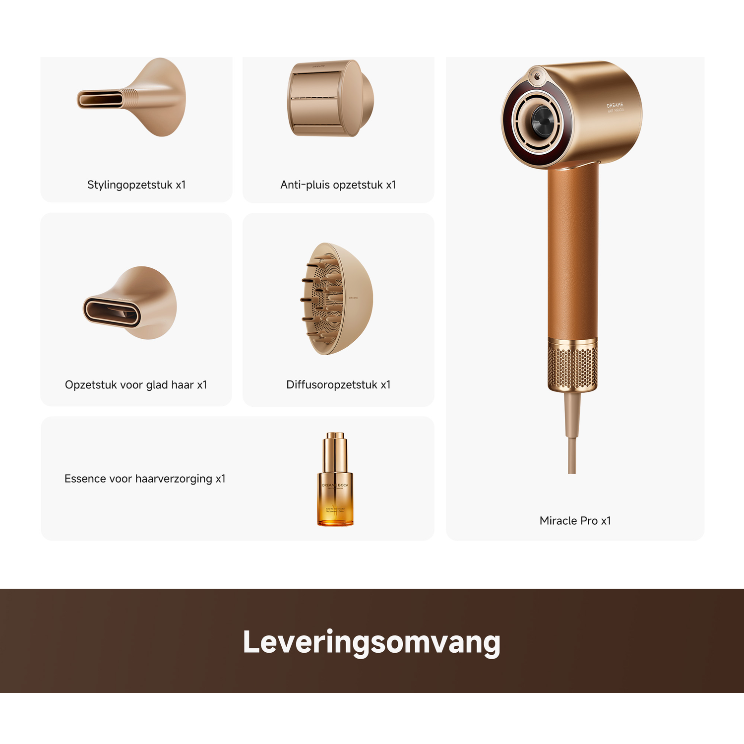 Gouden haardroger met opzetstukken: styling, anti-frizz, glad maken, diffuser, essence.