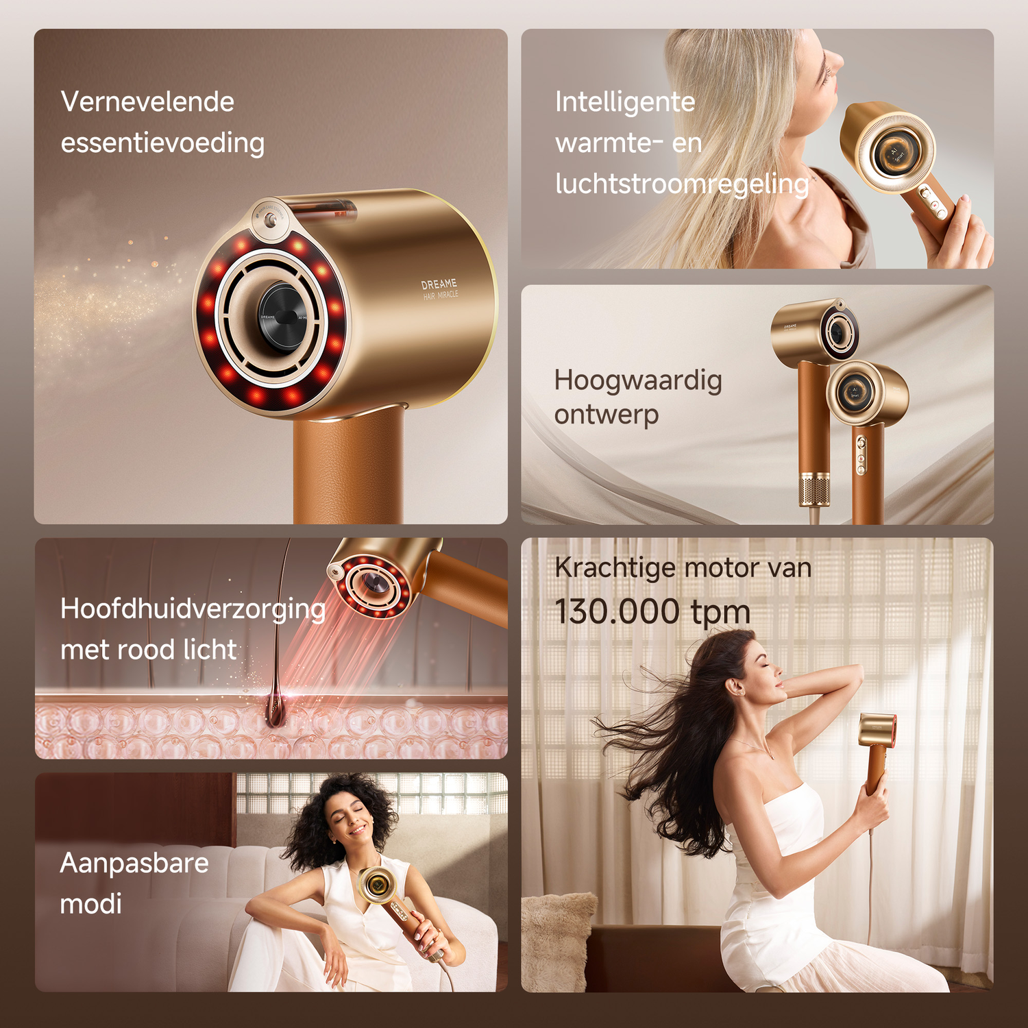Gouden föhn met rode lampjes, vrouw met föhn, twee föhns.