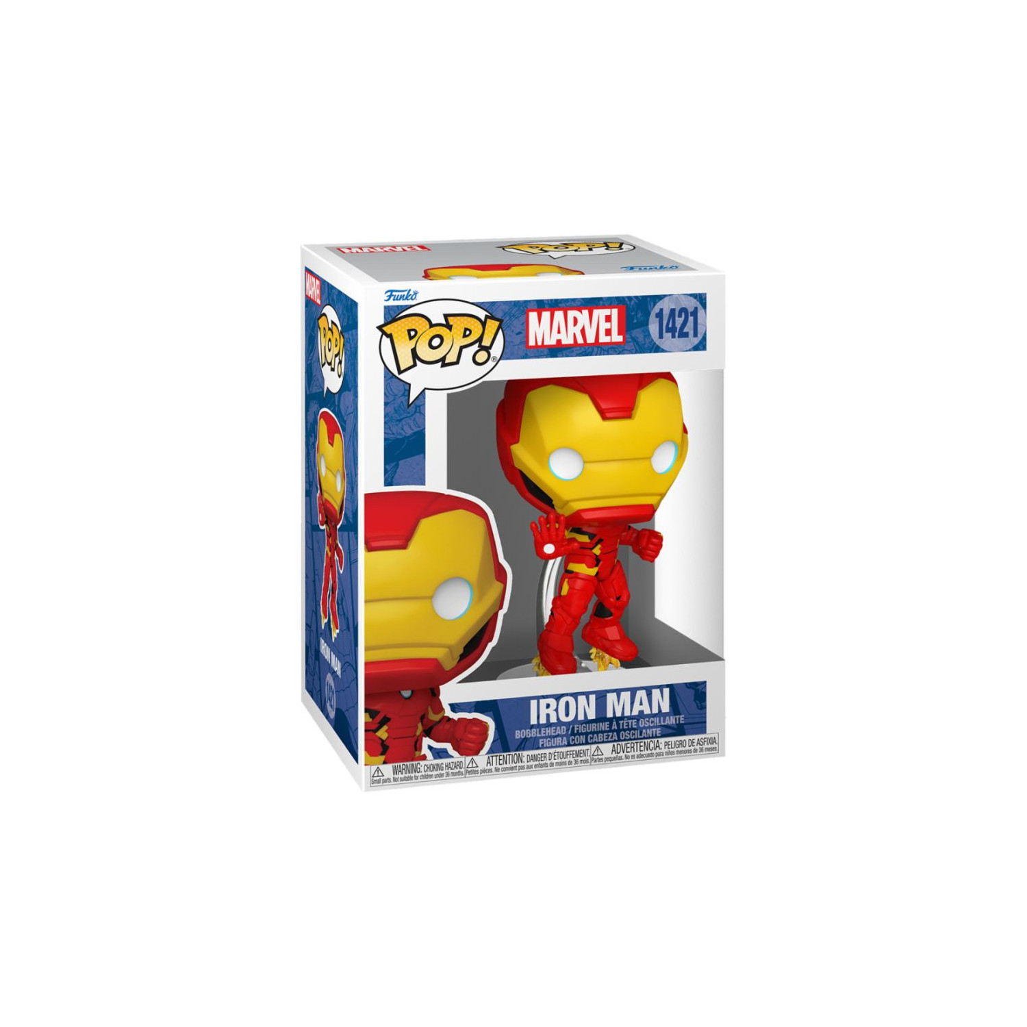 Figura Funko Pop! de Iron Man en caja, armadura roja y amarilla.