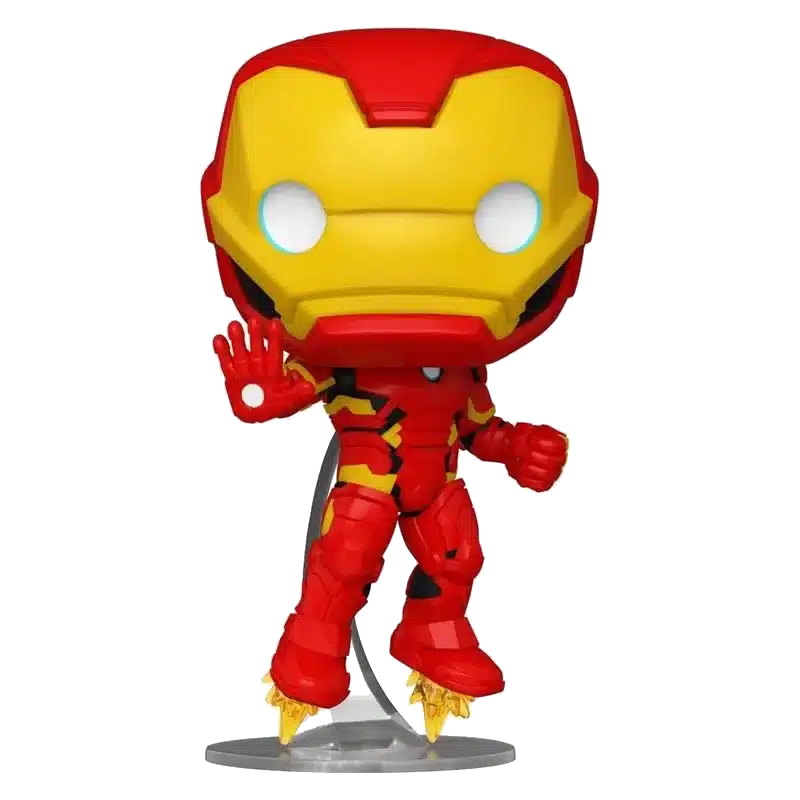 Figura Funko Pop de Iron Man roja y amarilla con ojos brillantes y propulsores en los pies.