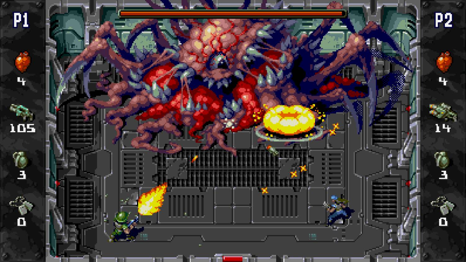 Dos jugadores luchan contra un monstruo gigante en un shooter de ciencia ficción.