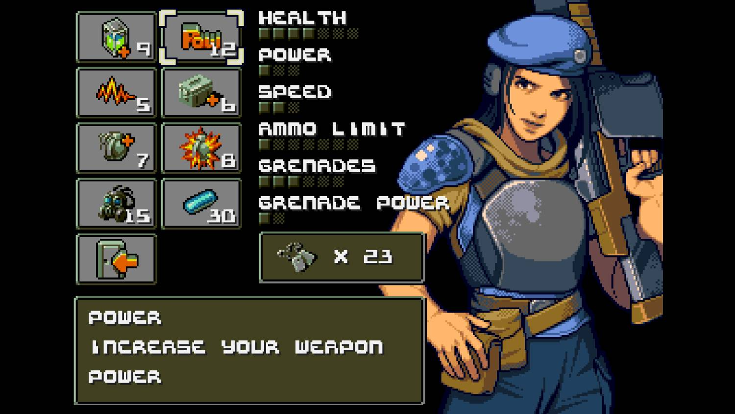 Un personaje de pixel art con un arma y estadísticas de juego. Primer plano.