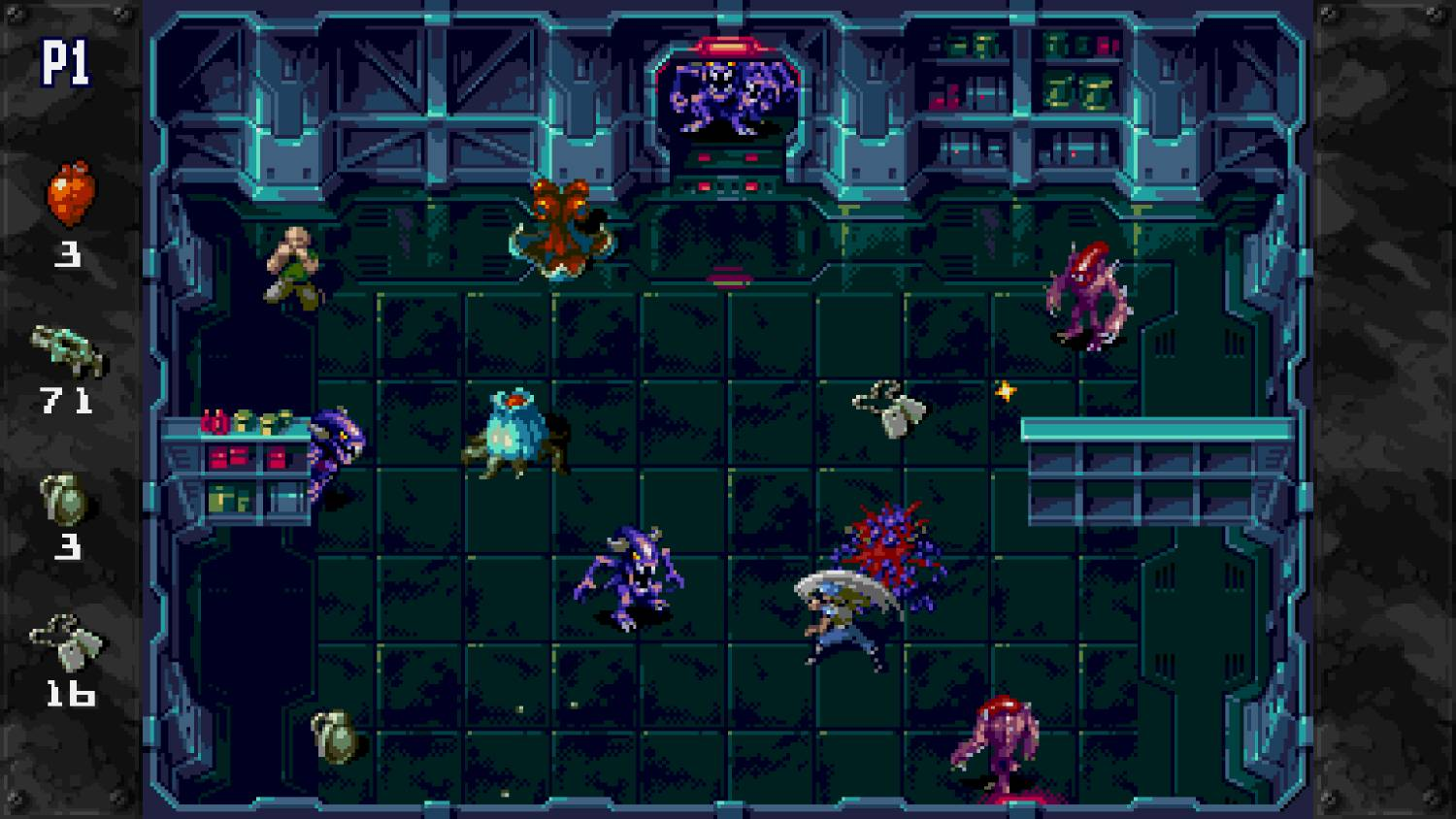 Escena de juego pixelada con estadísticas P1, un héroe luchando contra monstruos.