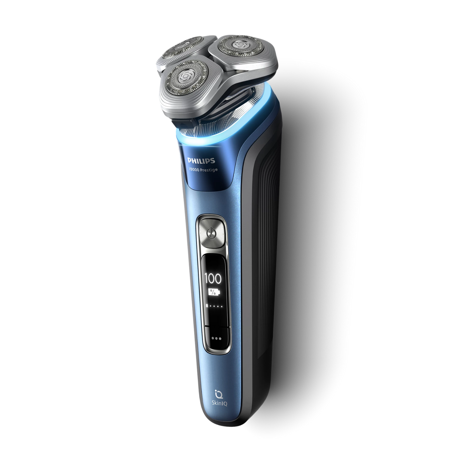 Una afeitadora eléctrica Philips azul con tres cabezales giratorios y pantalla digital.