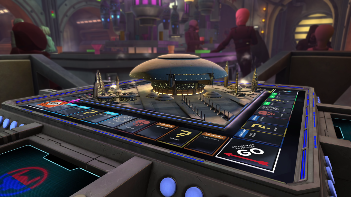 Futurystyczna plansza Monopoly o tematyce science-fiction. Centralna kopuła znajduje się na planszy.