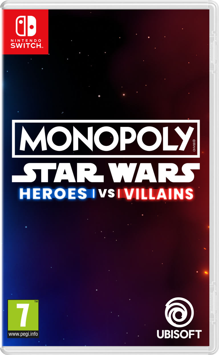 Pudełko gry Monopoly Star Wars Bohaterowie vs Złoczyńcy na Nintendo Switch, gwiezdne tło.