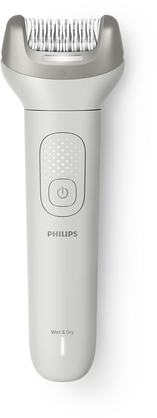 Fehér Philips epilátor ezüst díszítéssel és "Wet & Dry" felirattal.