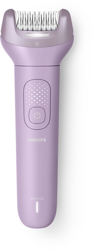 Egy lila Philips női borotva Wet & Dry funkcióval és világító bekapcsológombbal.
