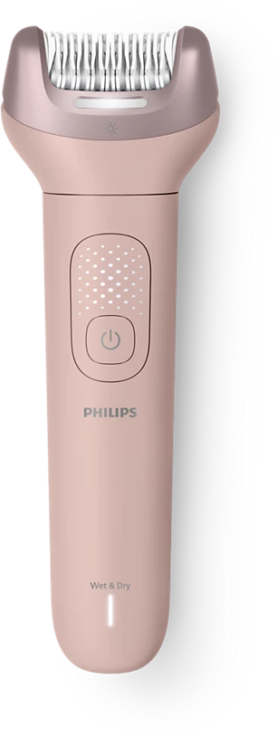 Egy rózsaszín Philips női borotva Wet & Dry funkcióval és bekapcsológombbal.