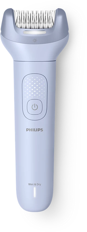 Egy világoslila, elegáns Philips epilátor széles fejjel és bekapcsológombbal.