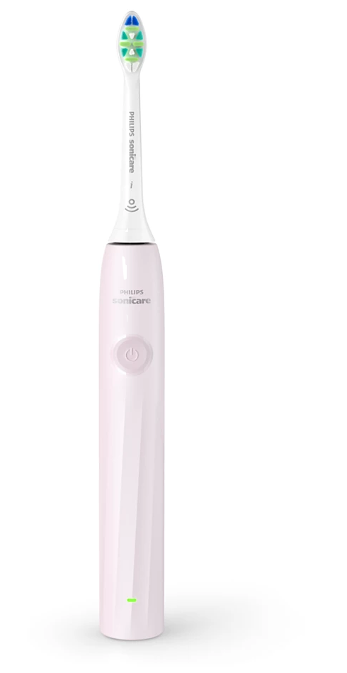 Egy rózsaszín Philips Sonicare elektromos fogkefe fehér fejjel, kék, zöld és fehér sörtékkel.