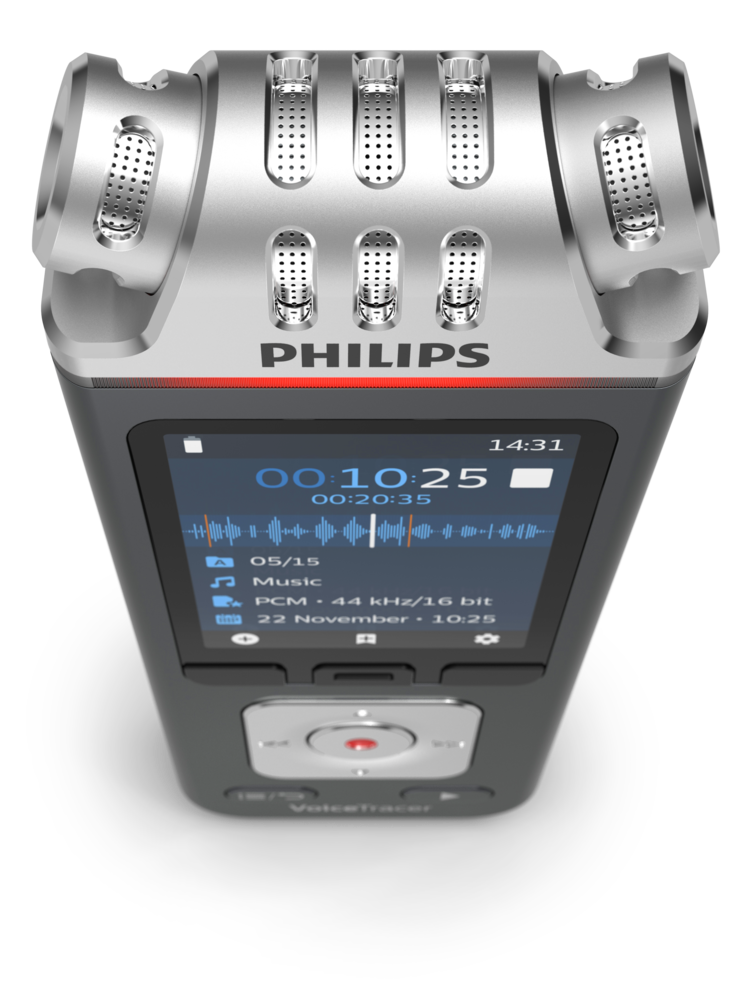 Philips VoiceTracer plateado con micrófonos, pantalla táctil y controles.
