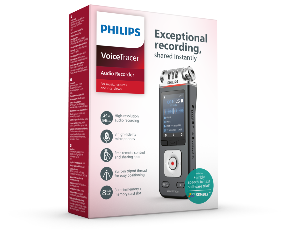 Embalaje del grabador de audio Philips VoiceTracer mostrando el dispositivo y características.