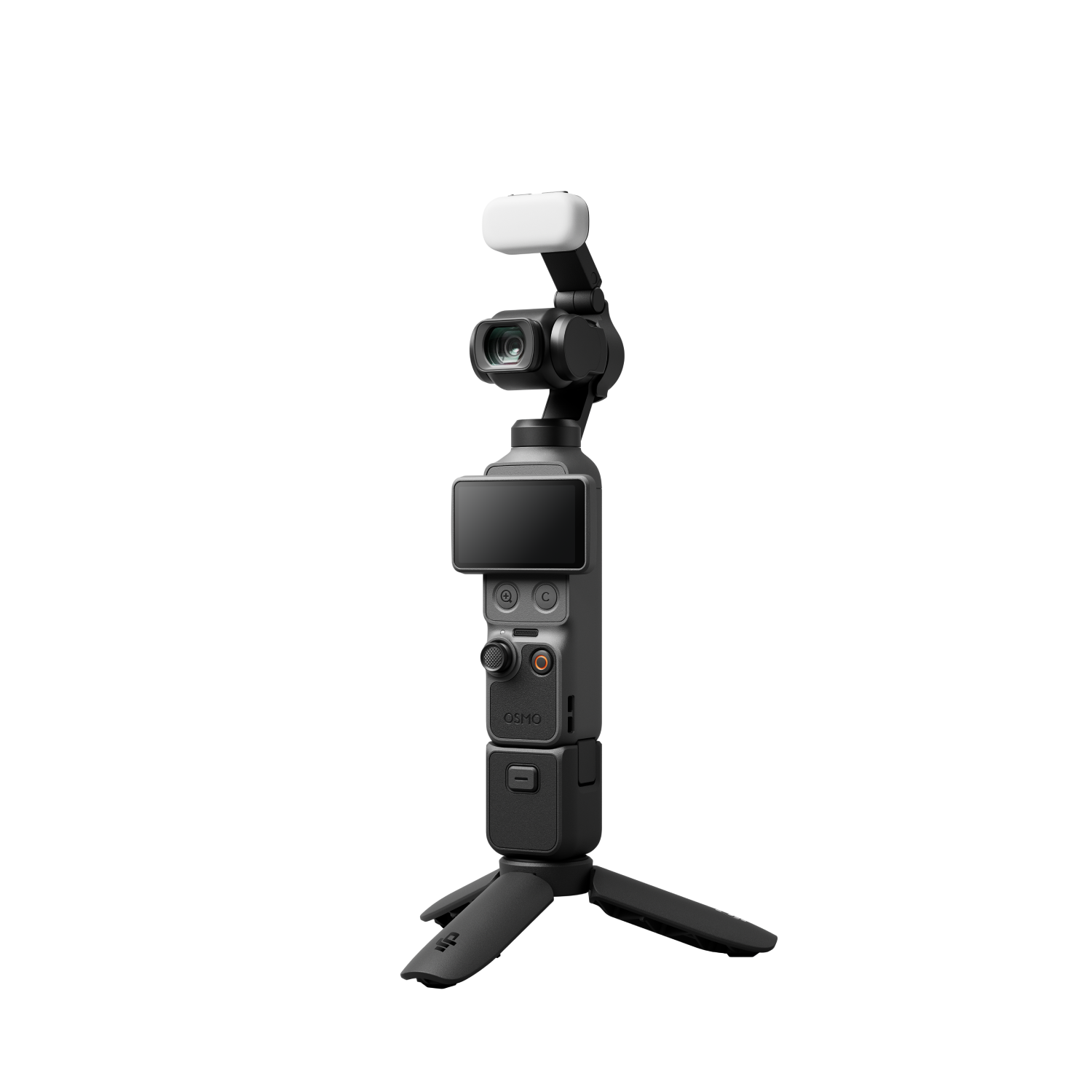 Un gimbal gris con cámara y micrófono se apoya en un trípode pequeño.