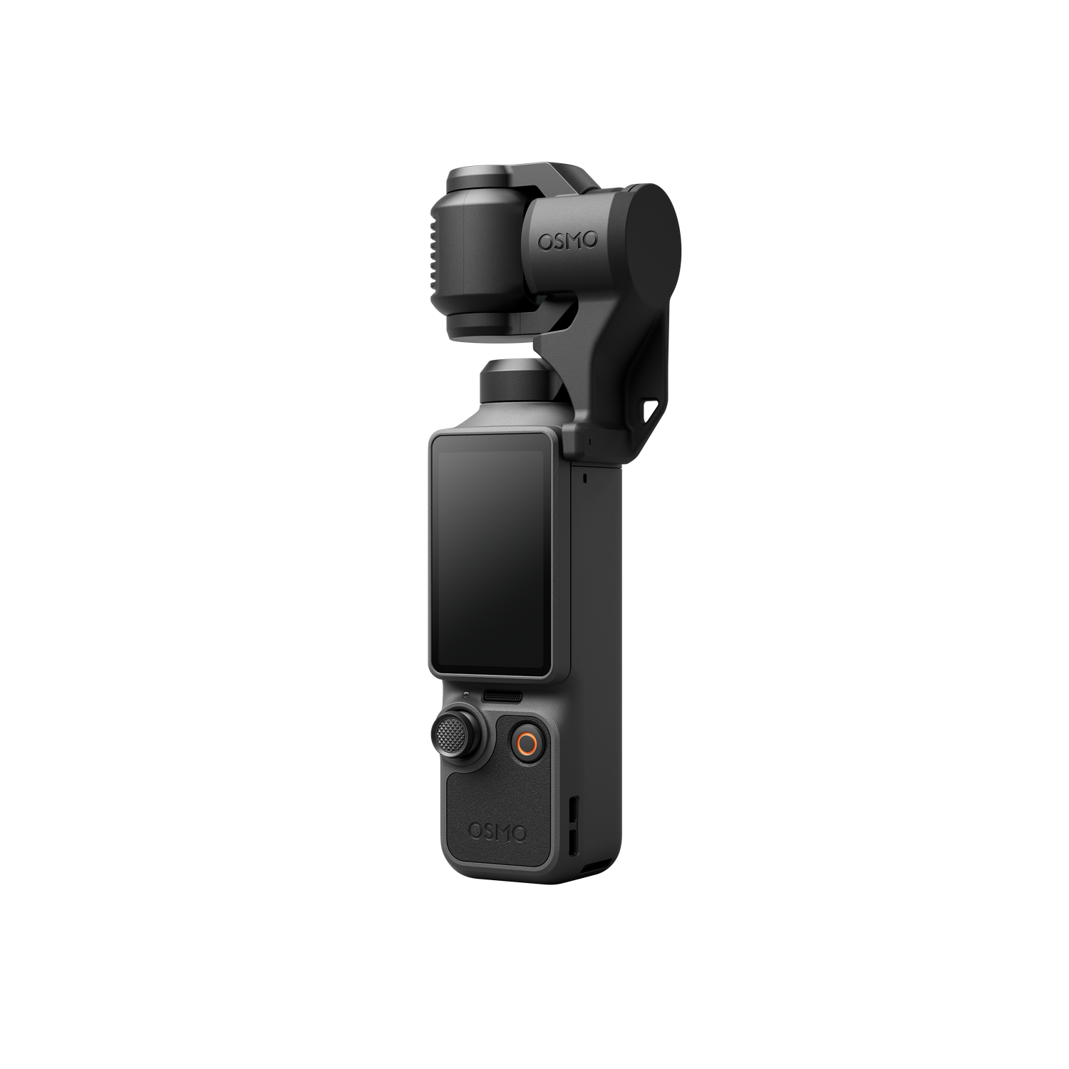 Un gimbal DJI Osmo Pocket 3 negro con pantalla y cabezal de cámara.