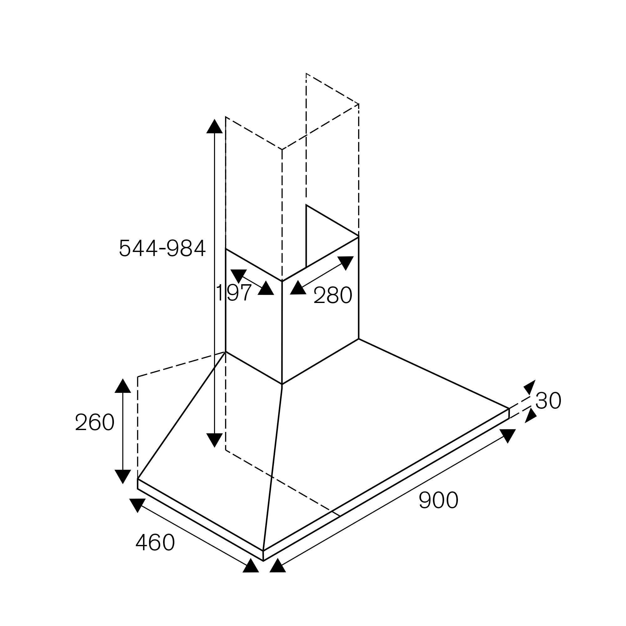 Disegno tecnico di una cappa da cucina con dimensioni.