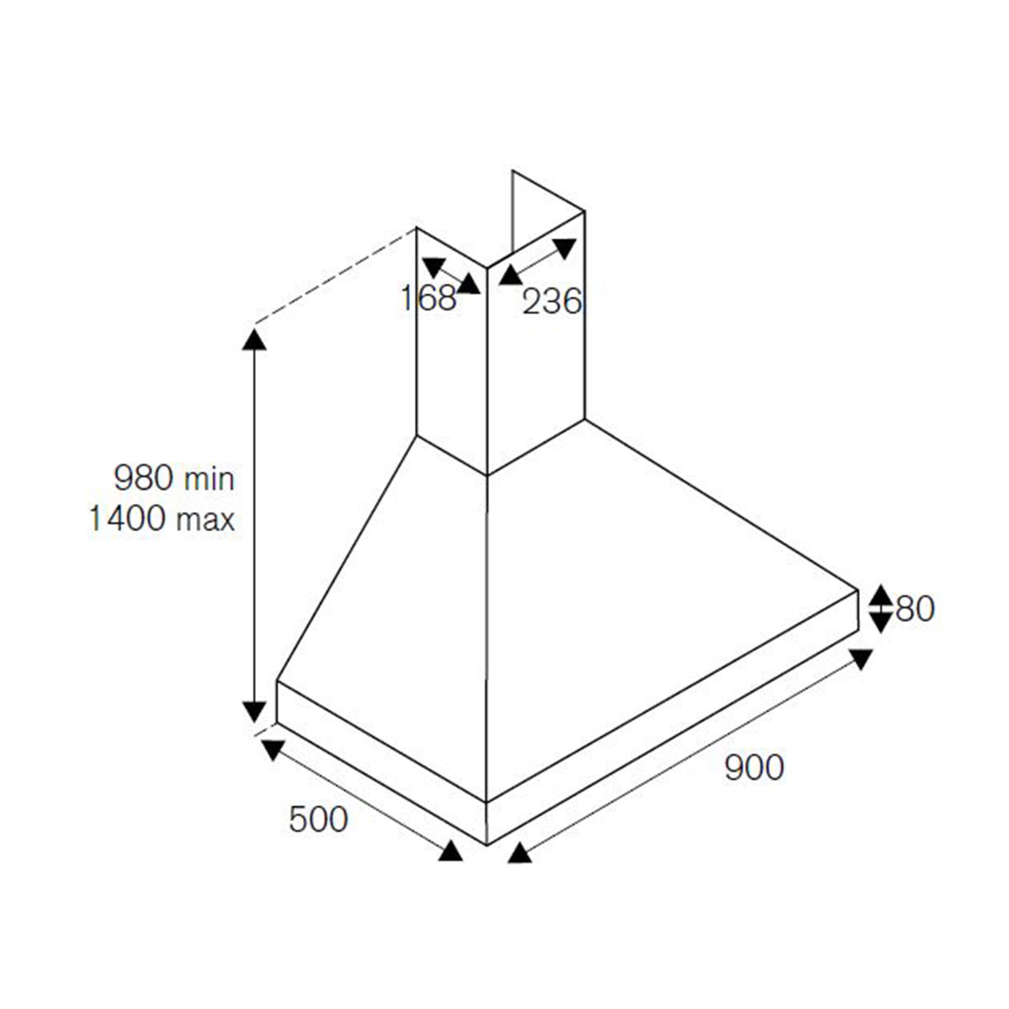 Disegno tecnico di una cappa aspirante con dimensioni.