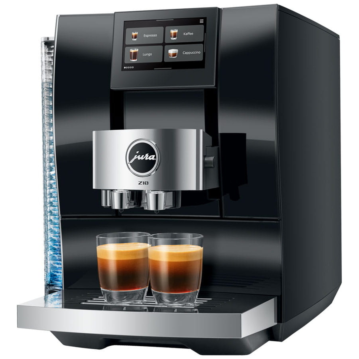 Een zwarte koffiemachine met twee espressoglazen op de lekbak.