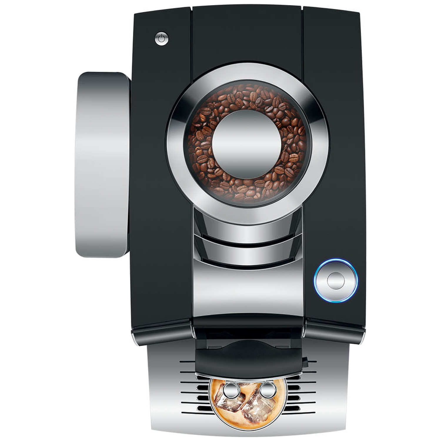 Zwarte koffiemachine met bonenreservoir boven en een glas met ijsblokjes onderaan.