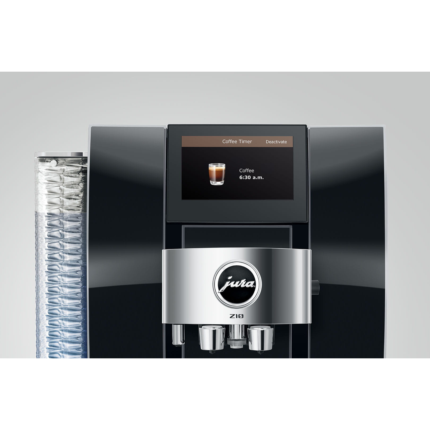 Een moderne koffiemachine met watertank, touchscreen en zetgroep.