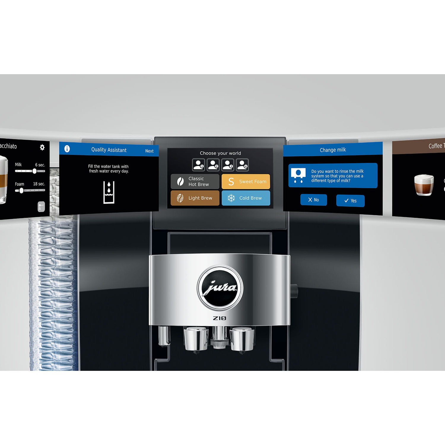 Koffiezetapparaat met touchscreen menu's voor drankkeuze, kwaliteitsassistent en melksysteemonderhoud.