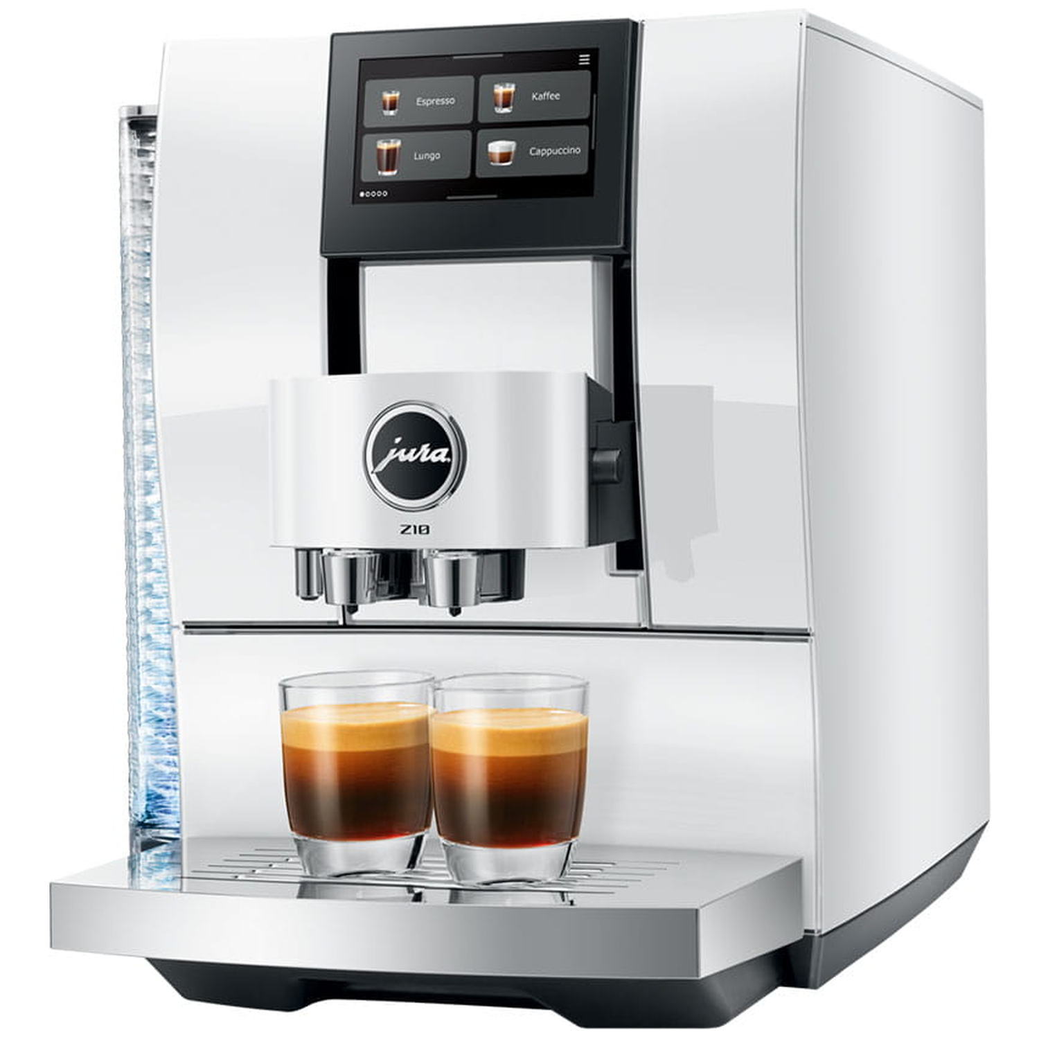 Een witte koffiemachine met twee glazen espresso en een touchscreen.